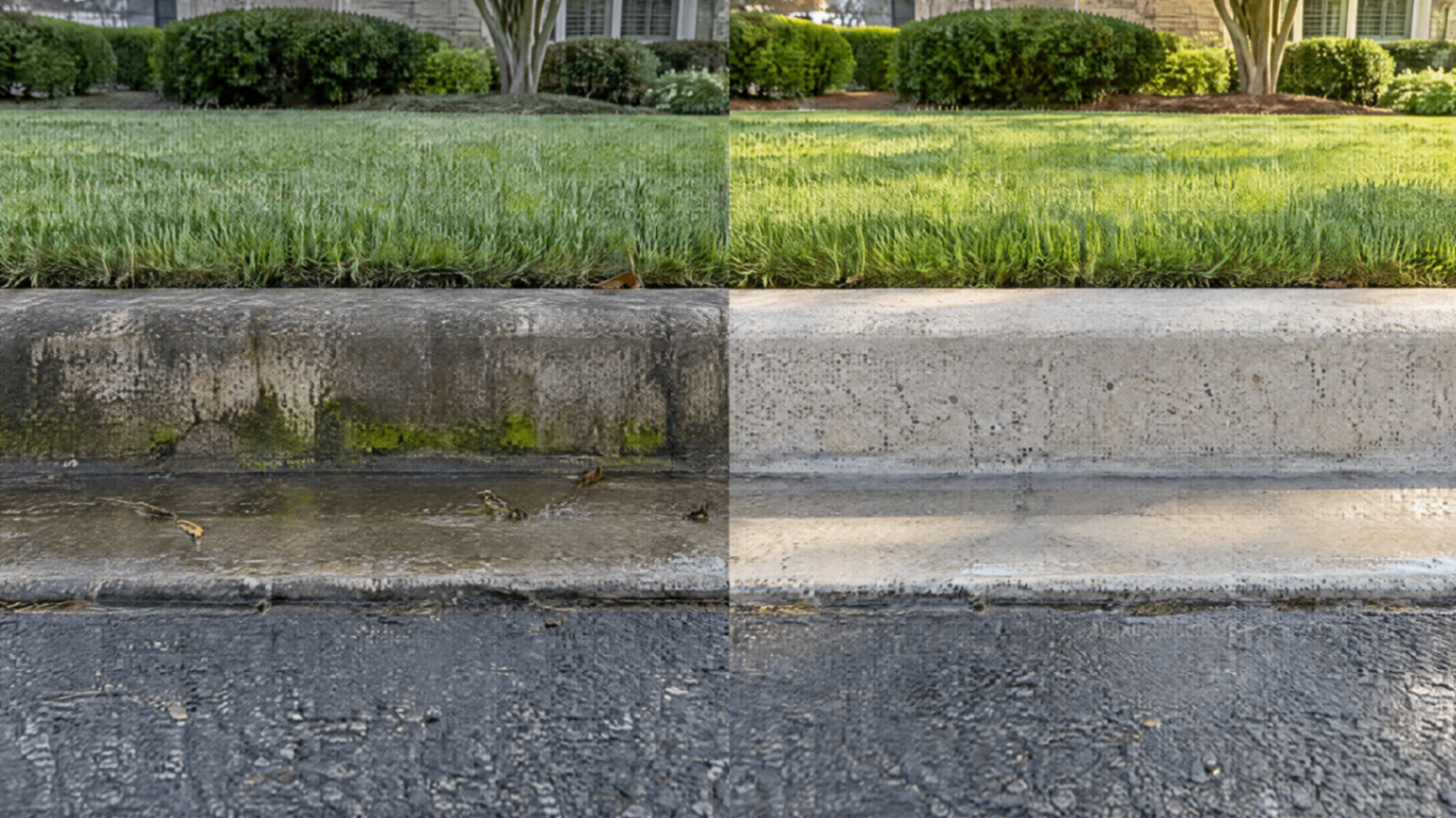 Before and after curb cleaning by Roswell Pressure Washing, project 1