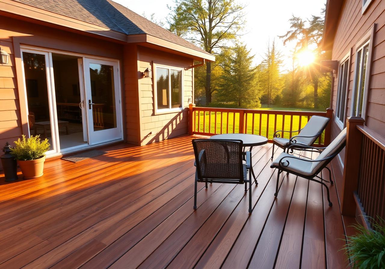 Freshly cleaned wooden deck at sunset
