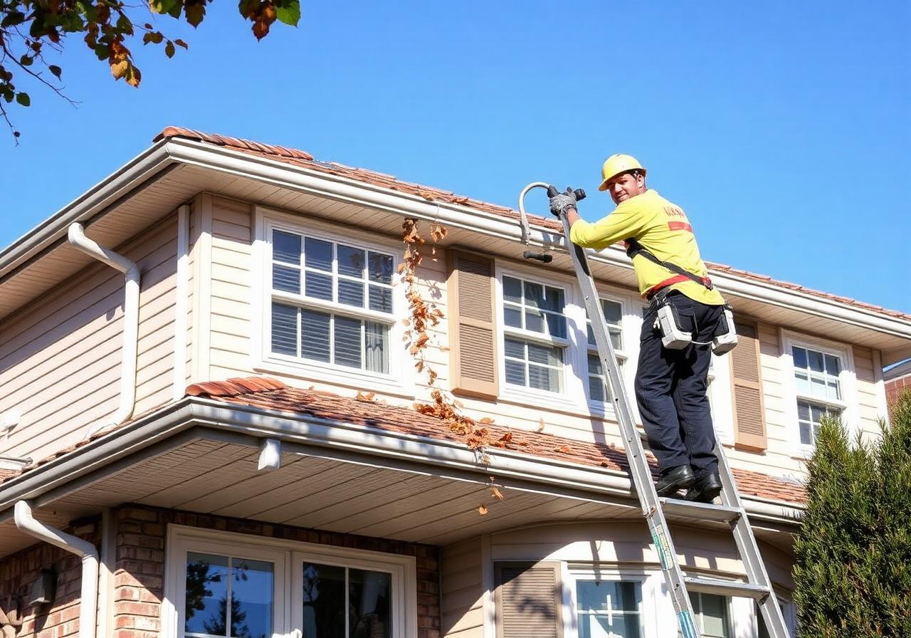 Worker cleaning gutters on a Roswell home