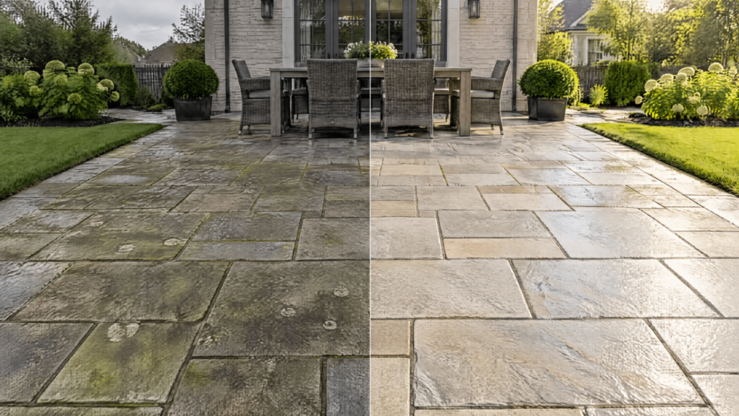 Before and after patio cleaning by Roswell Pressure Washing, project 1