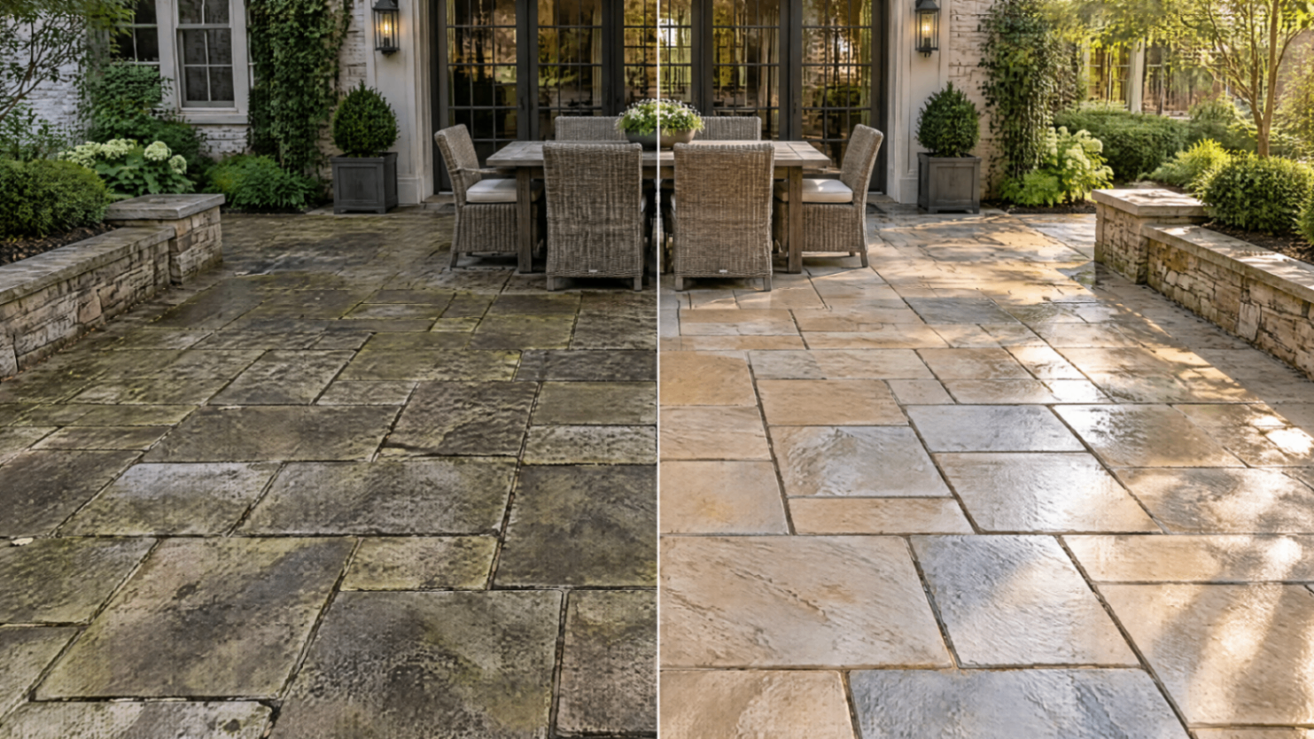 Before and after patio cleaning by Roswell Pressure Washing, project 2