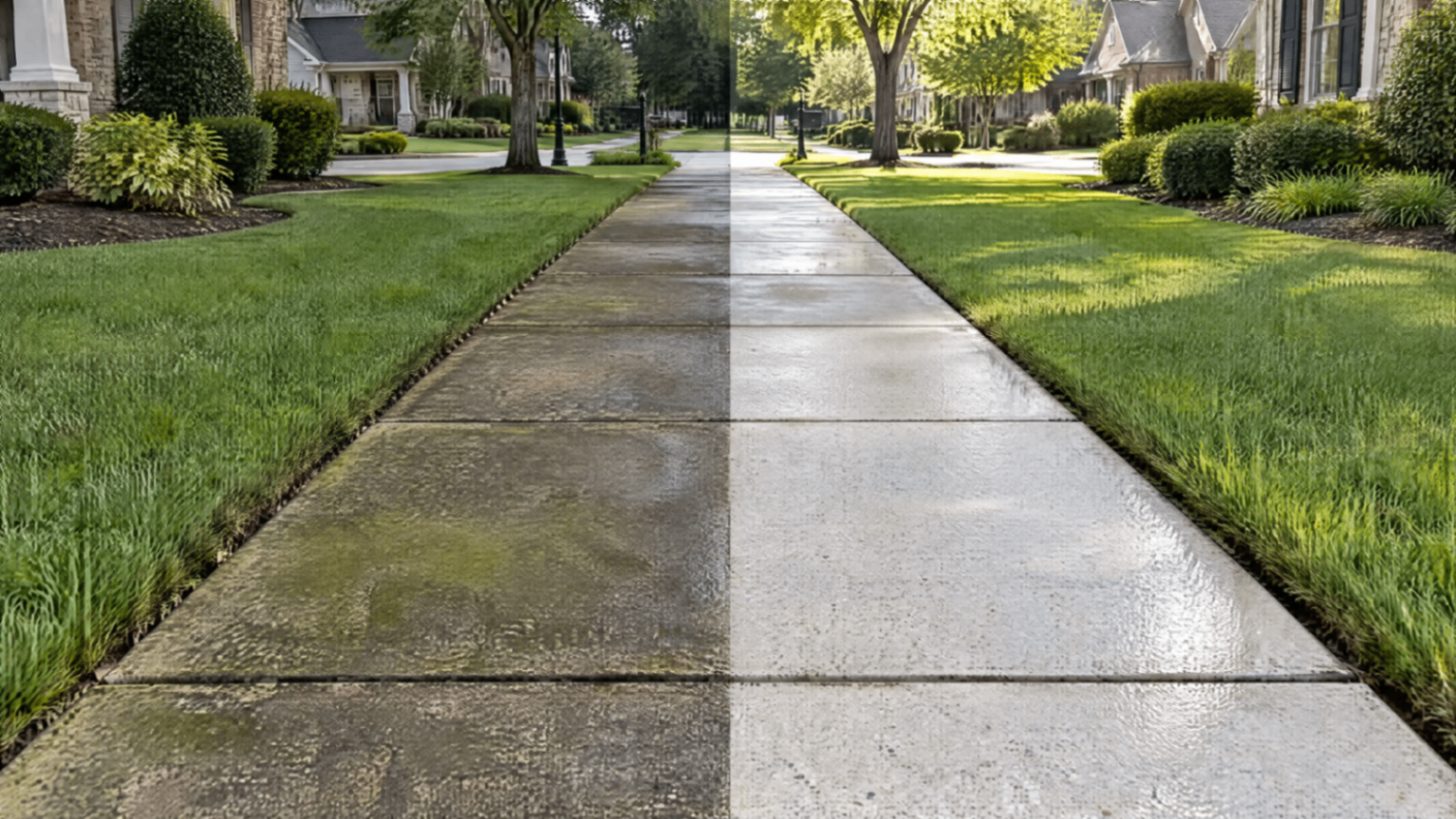 Before and after sidewalk cleaning by Roswell Pressure Washing, project 1