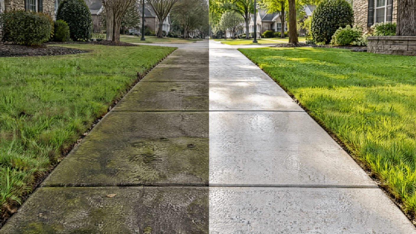Before and after sidewalk cleaning by Roswell Pressure Washing, project 2